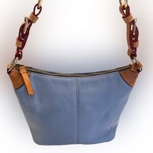 Vintage Dooney & Bourke Sky Blue Leather Tan Trim Shoulder Purse EUC